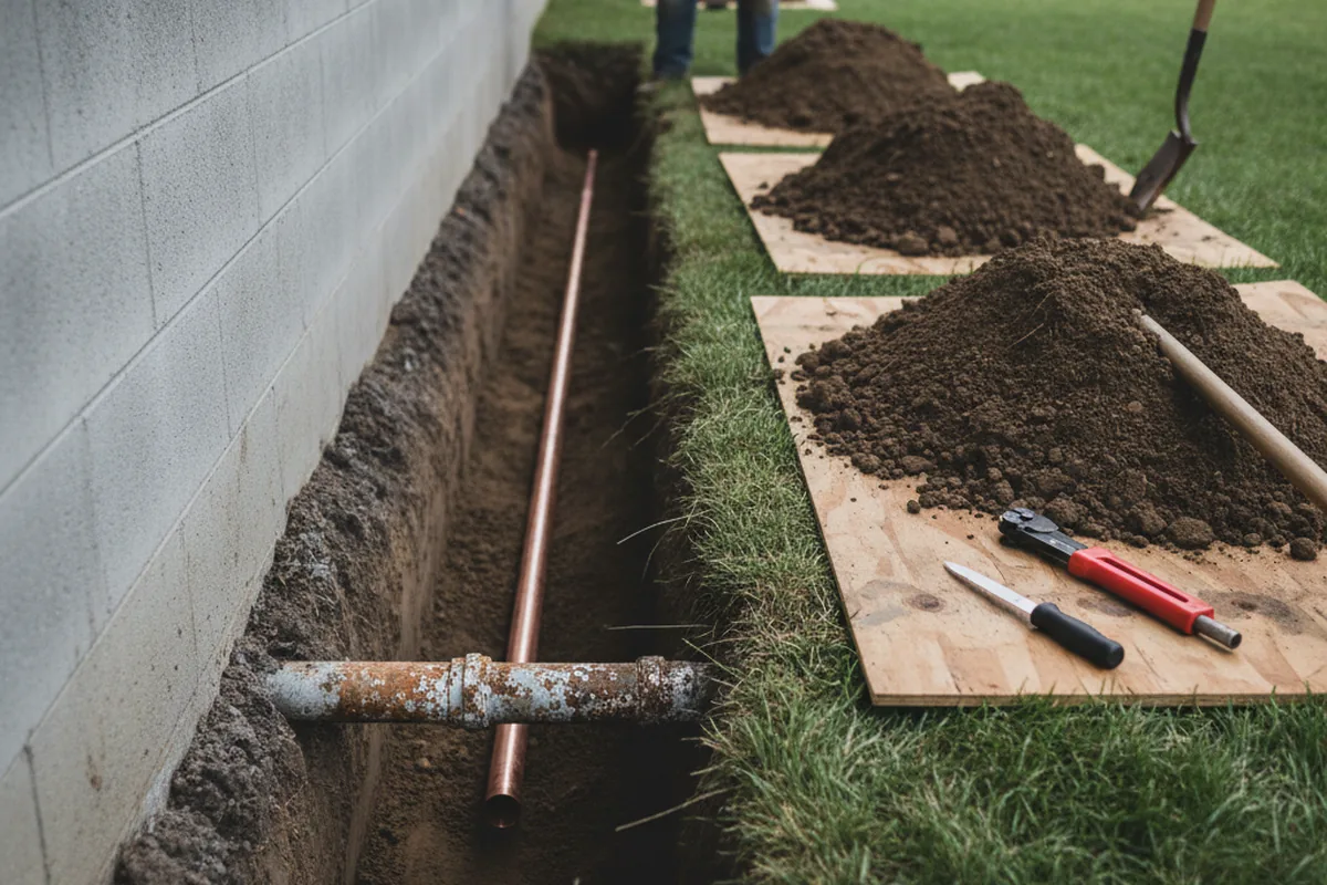 Excavated water line trench during Water Softener Installation in Hamilton
